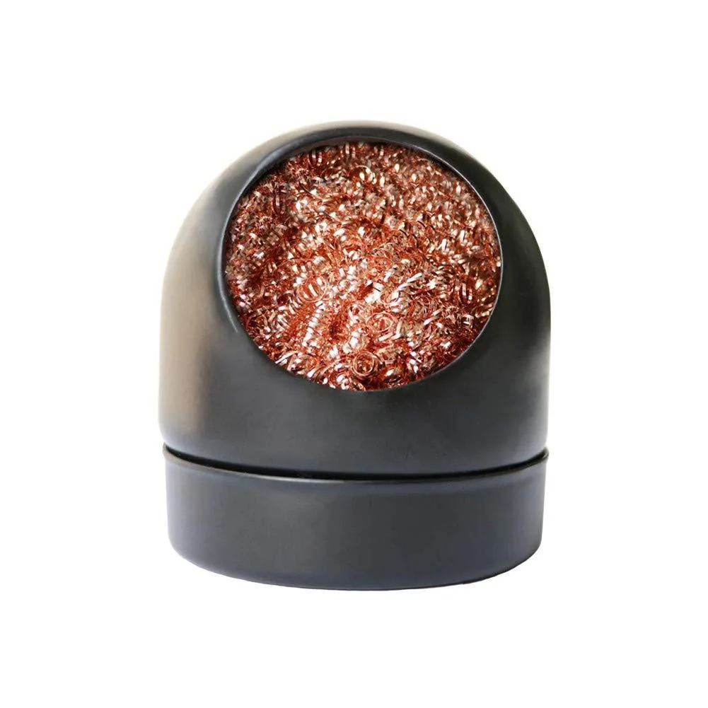 Black cylindrical holder with coiled brass wire inside for cleaning soldering iron tips