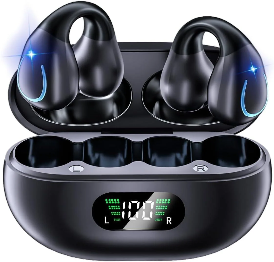 Black open-ear clip headphones with wireless charging case and digital display