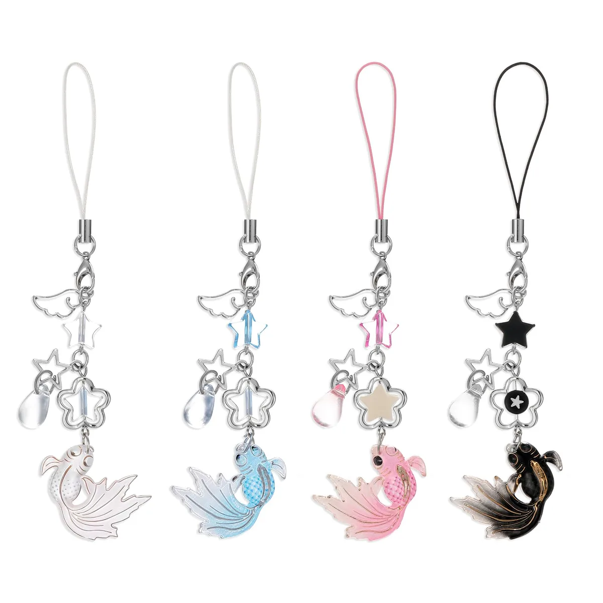 Four silver koi star pendants on pink lanyard strings
