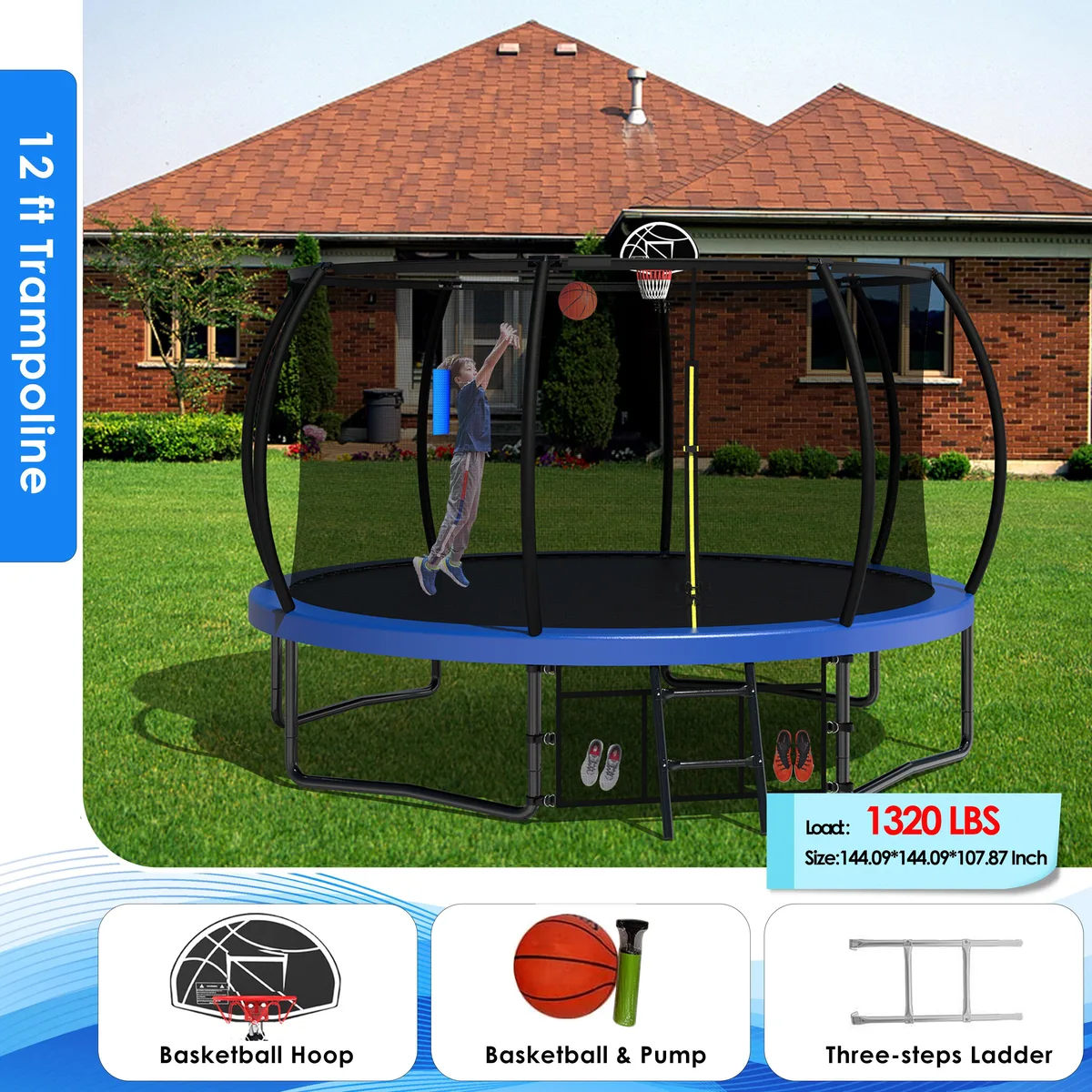 MERSCO MERSCO 12FT Pumpkin Trampoline Blue With Hoop Net Ladder Pump — product photo