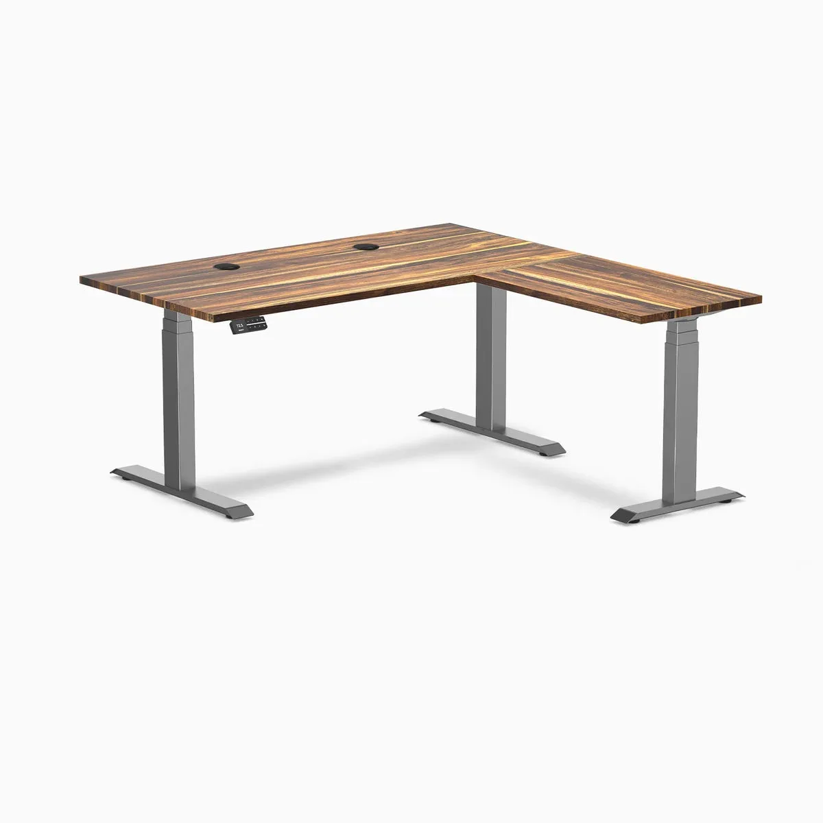 Desky Desky Hardwood L-Shape Sit Stand Desk Pheasantwood Space Gray 60 x 30 x 62 x 20 in with Grommets — product photo