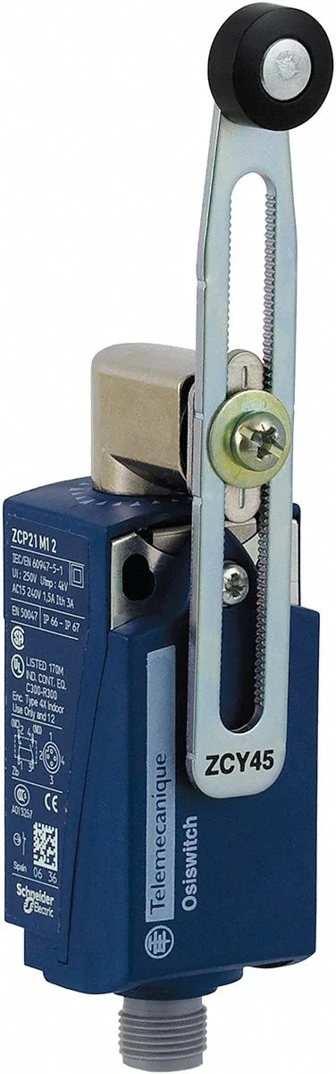 Telemecanique Sensors XCKP2145M12 limit switch with adjustable roller lever, side-mounted actuator, miniature body in grey finish