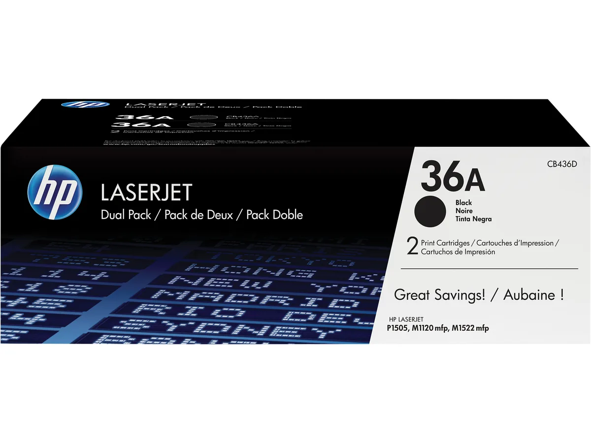 HP HP CB436D 36A Black Toner Cartridges (Genuine Brands) 2 Pack 2000 Pages — product photo
