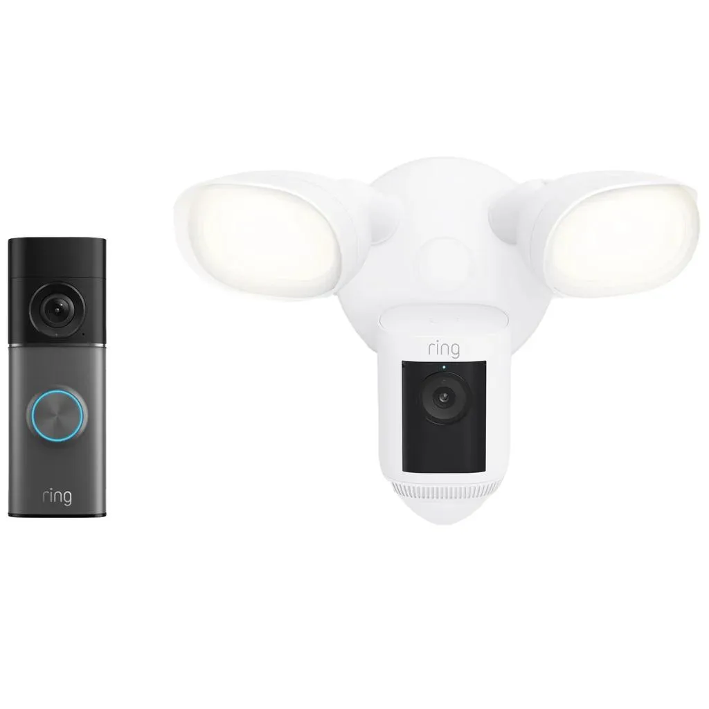 A wired doorbell and a floodlight camera with two adjustable lights, both in dark housings