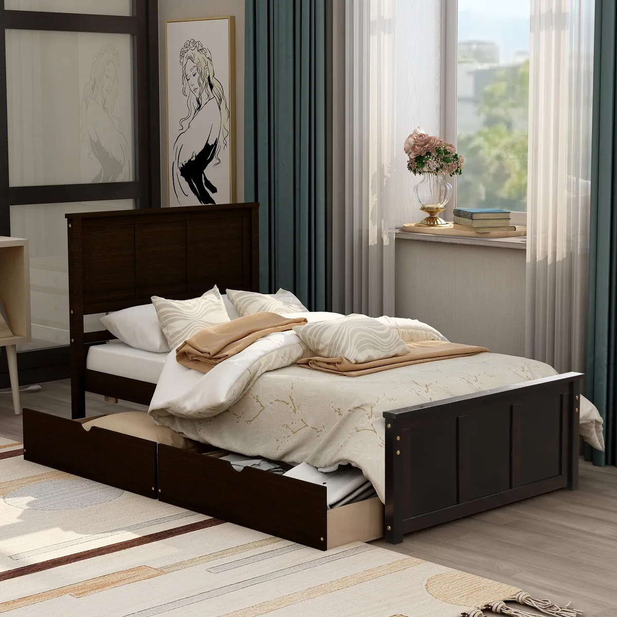 Twin platform bed frame in espresso finish with two rolling under-bed drawers
