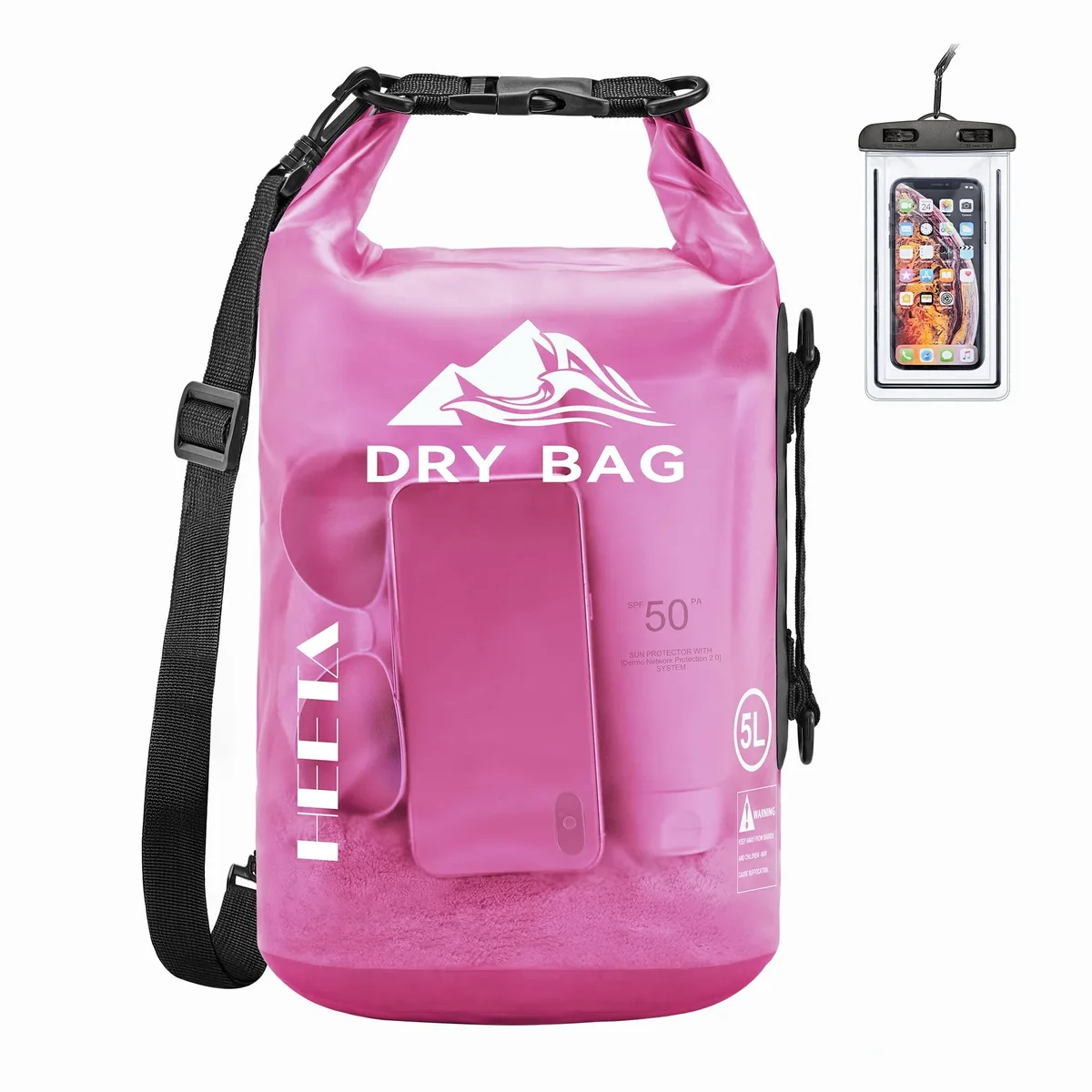 Rose red roll-top dry bag with adjustable shoulder straps and side handle, transparent front panel showing contents, welded seams