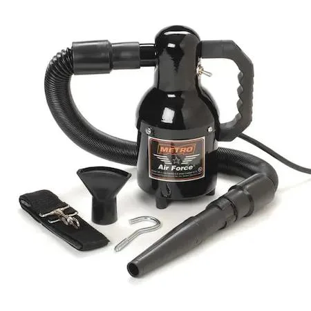 Industrial blower, black steel housing, transparent accents, shoulder strap, hose included