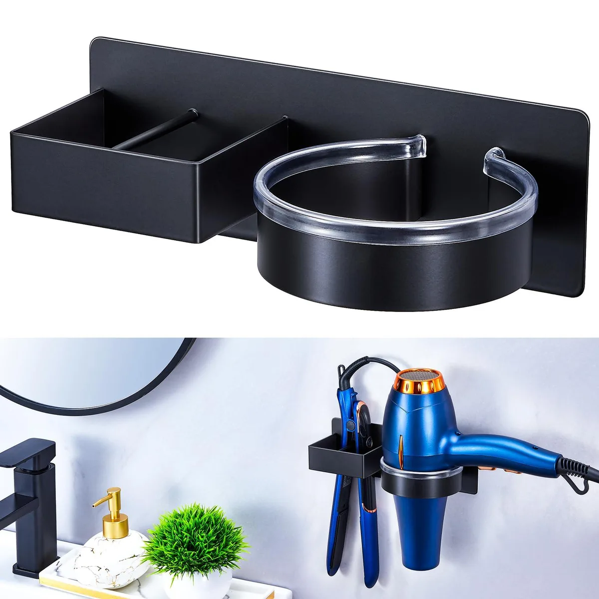Black metal wall-mounted holder for hair dryer and straightener with silicone pads and adhesive back