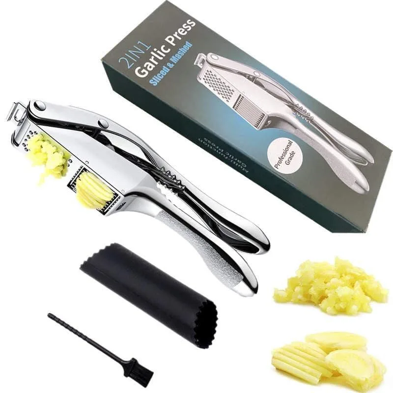 Stainless steel garlic press with walnut handle, brush and peeler in set