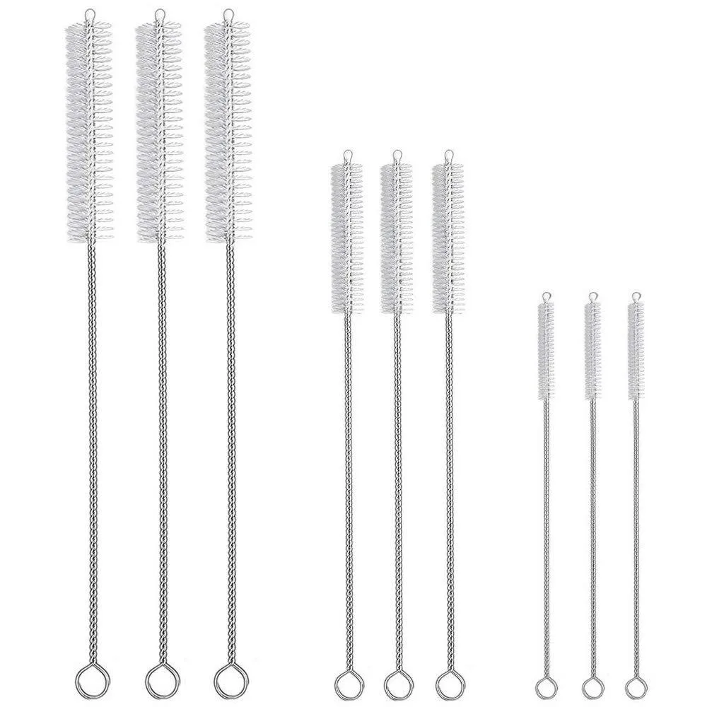 Nine-piece straw cleaner kit with three brush sizes and hook handles