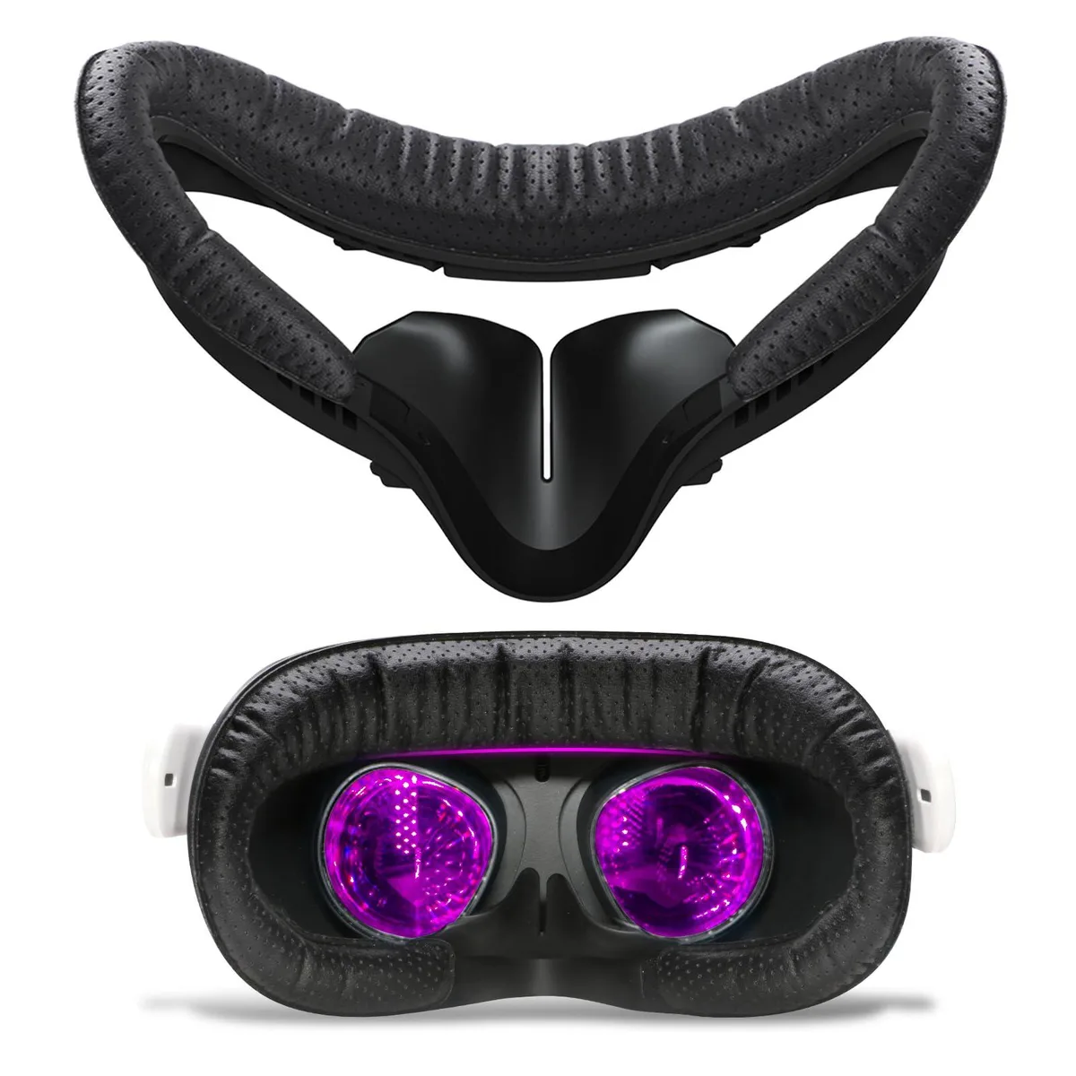 Black VR facial interface with breathable leather face pad for Oculus Quest 2