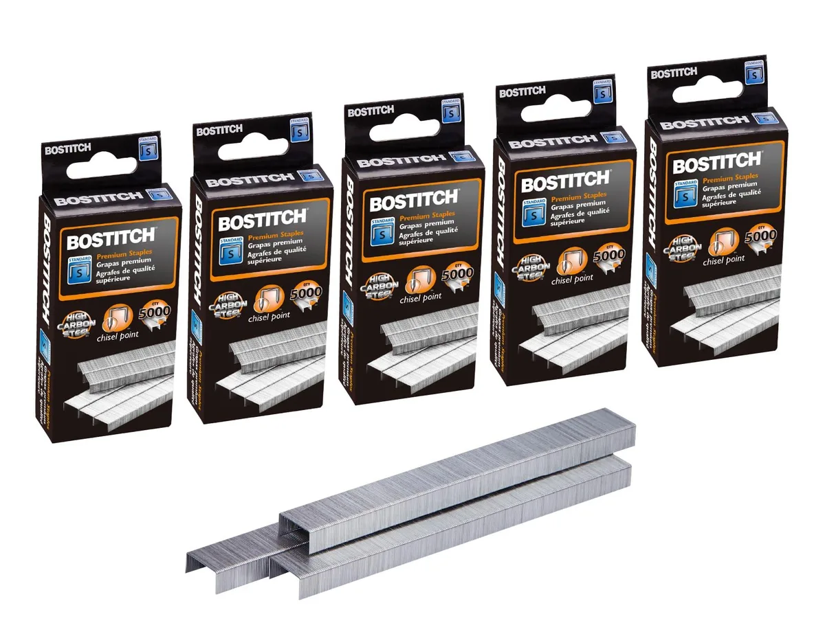 Five white boxes of standard silver staples, 10 by 2 by 2.7 inches
