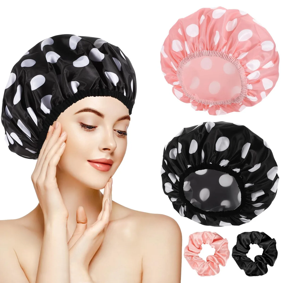 Two large 32 cm shower caps with hair ties, striped fabric outer and smooth inner lining
