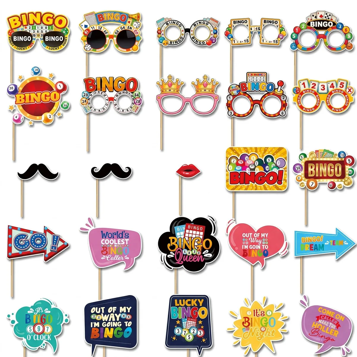 Avery Bingo photo booth props kit 25 cardstock pieces wooden sticks adhesive pads rolled
