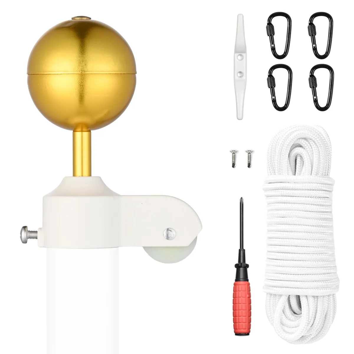 Yescom USA, Inc. Yescom USA, Inc. 22FPR003-GO-AL-15 Flag Pole Repair Kit 50FT Halyard 3" Gold Ball 1 13/16" Dia — product photo
