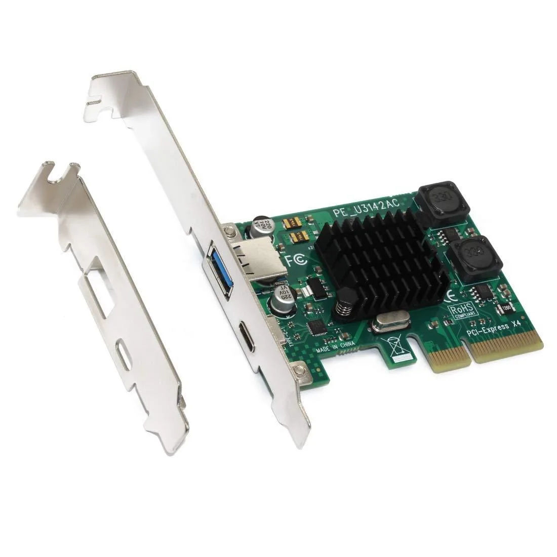 Green PCB expansion card with silver Type-A and Type-C USB ports and gold PCI-E connector