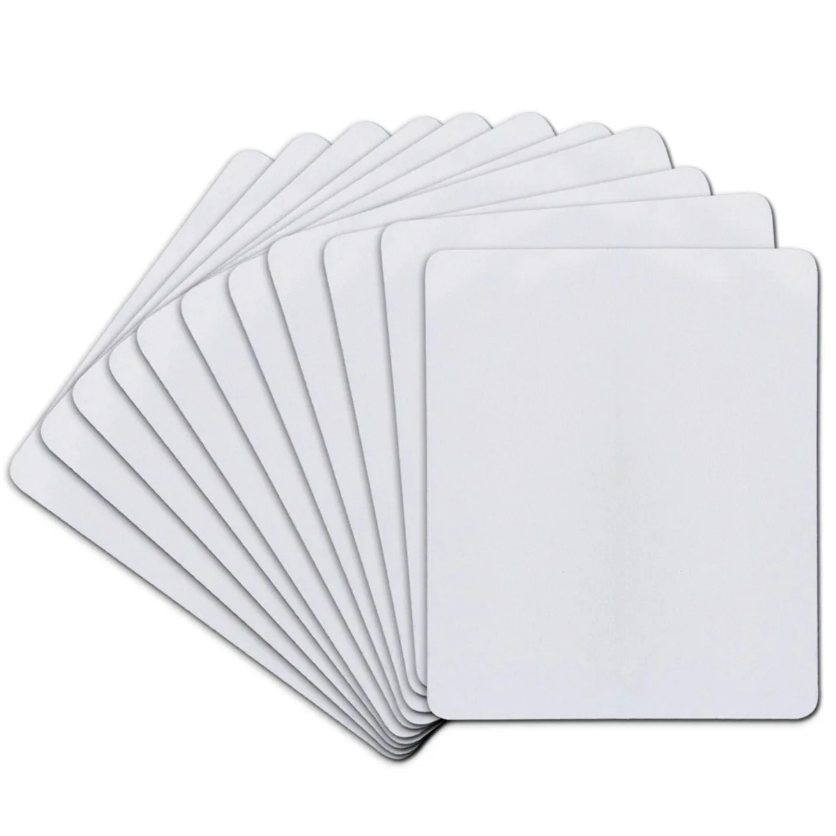 Eleven white rectangular polyester mouse pads with black rubber bases stacked together