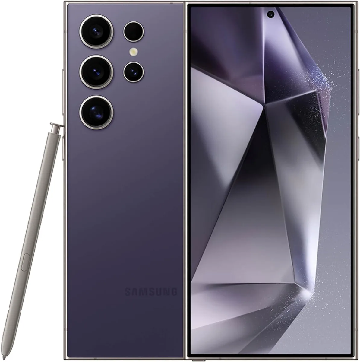 Samsung Galaxy S24 Ultra smartphone in Titanium Violet finish with S Pen visible