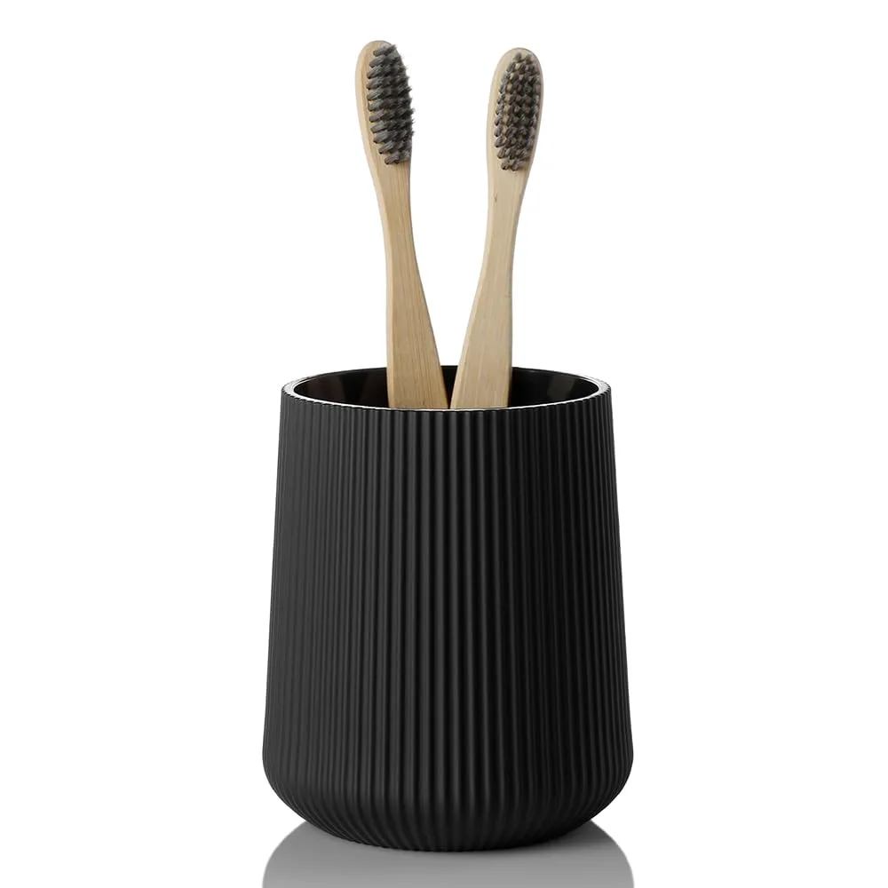 Matte black striped toothbrush cup, ABS plastic, 3.4 inches wide, 4 inches high