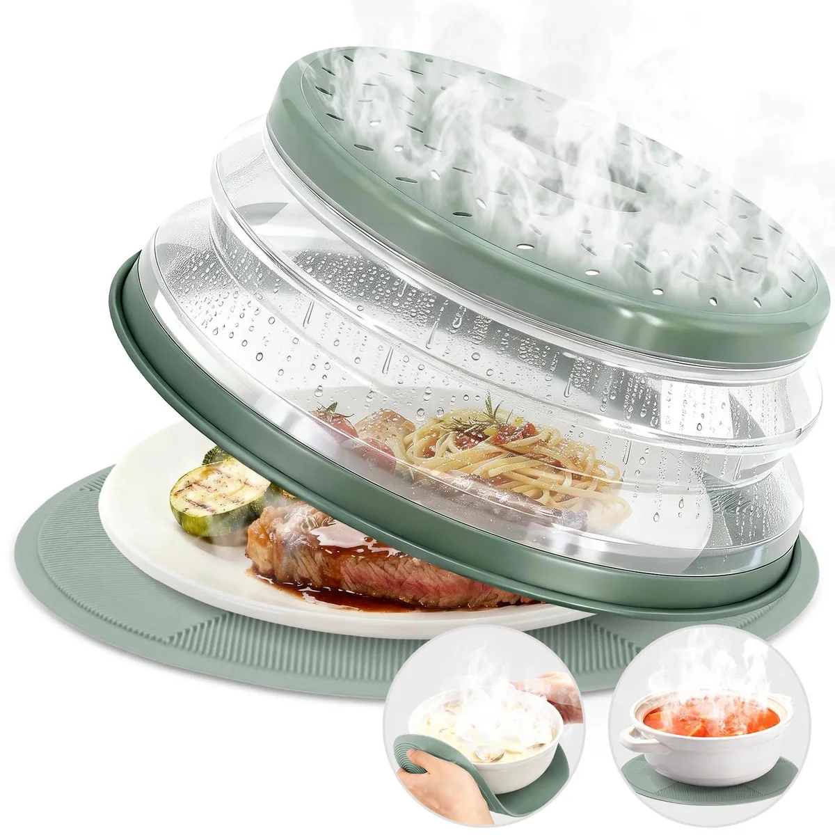 Collapsible 10 inch microwave cover with vent and silicone mat with grooves .83.2 inch height
