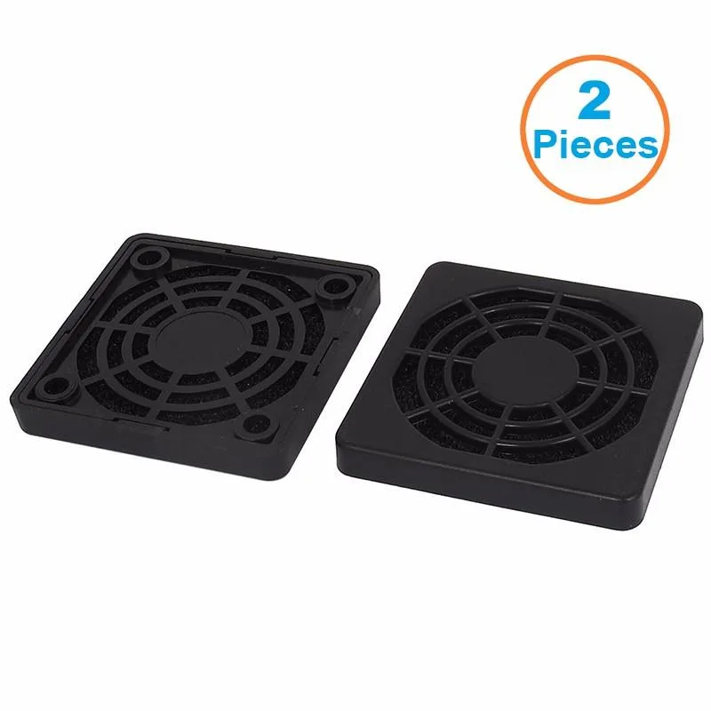 Two black square plastic fan dust filters with mesh centres and corner mounting holes