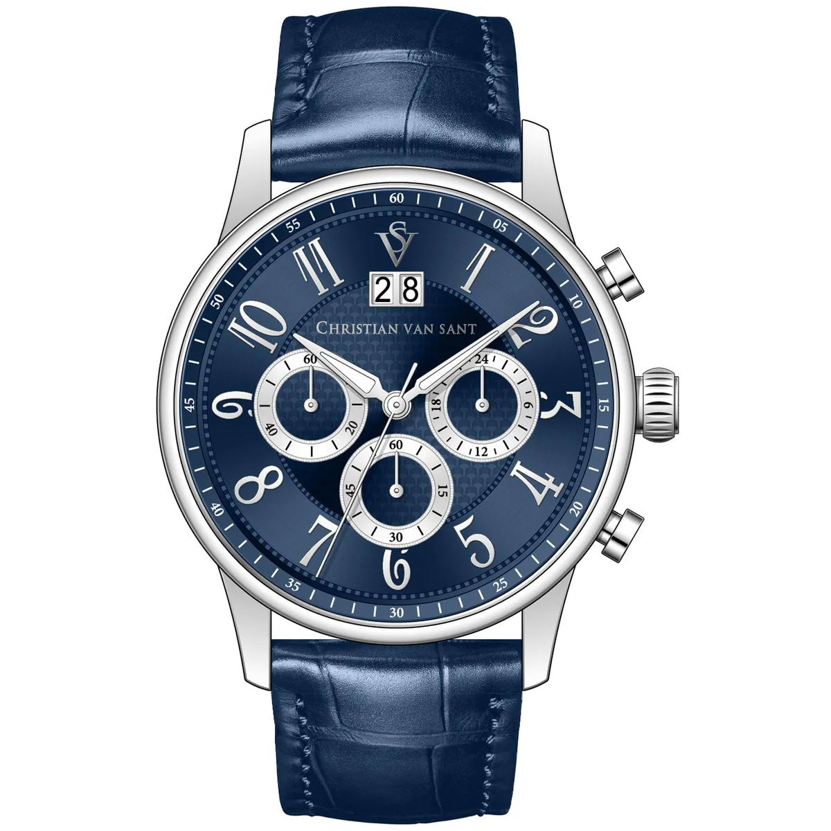 Christian Van Sant stainless steel watch with blue dial and leather strap