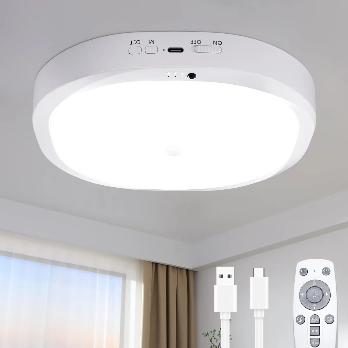 White plastic flush-mount LED ceiling light kit with remote, round 19 cm diameter, 3.2 cm thick