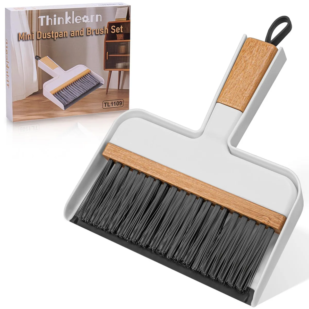 Mini bamboo-handled dustpan and brush set with rubber lip