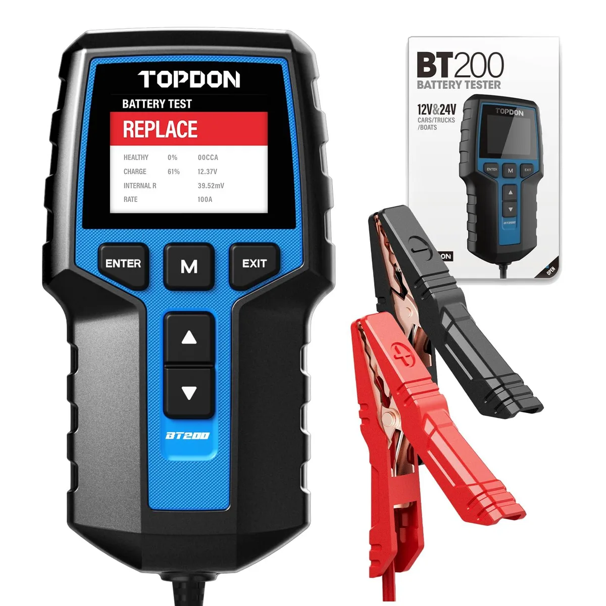Handheld battery tester with 2.4-inch color screen, black plastic case, red and black test leads attached