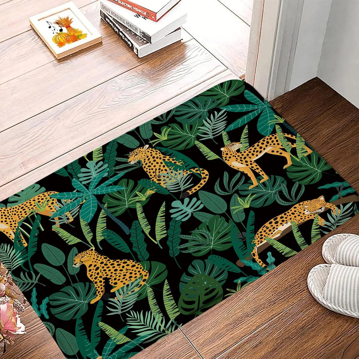 Beige runner rug with green leaf print, 17.7 by 29.5 inches