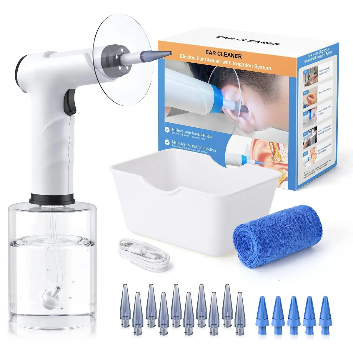 Black electric ear irrigation unit with transparent basin, 500 ml bottle, and assorted silicone tips