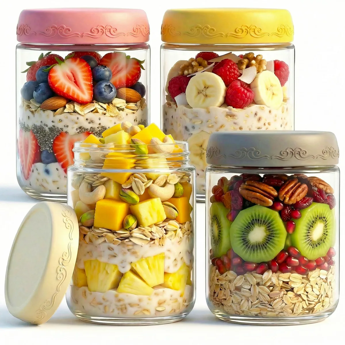 Four clear glass jars with coloured lids standing together