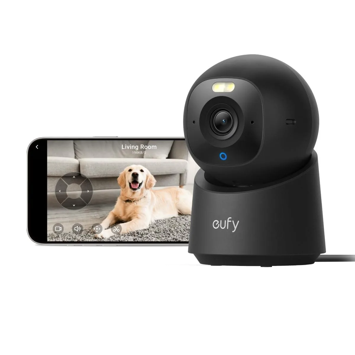 Black indoor wireless camera with 360° pan tilt, corded power, app control