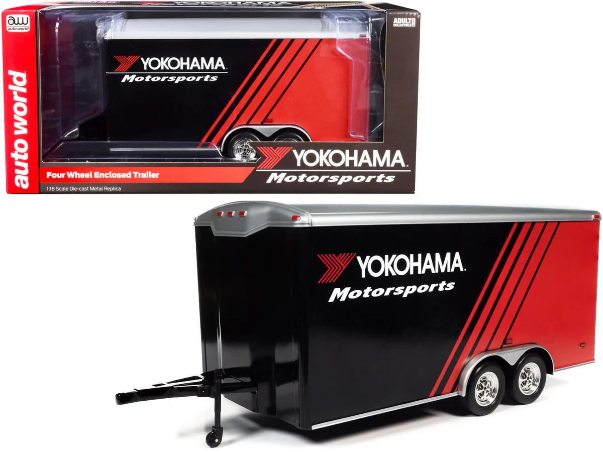 auto world Auto World 1/18 Scale Four Wheel Enclosed Car Trailer "Yokohama Motorsports" Black and Red — product photo
