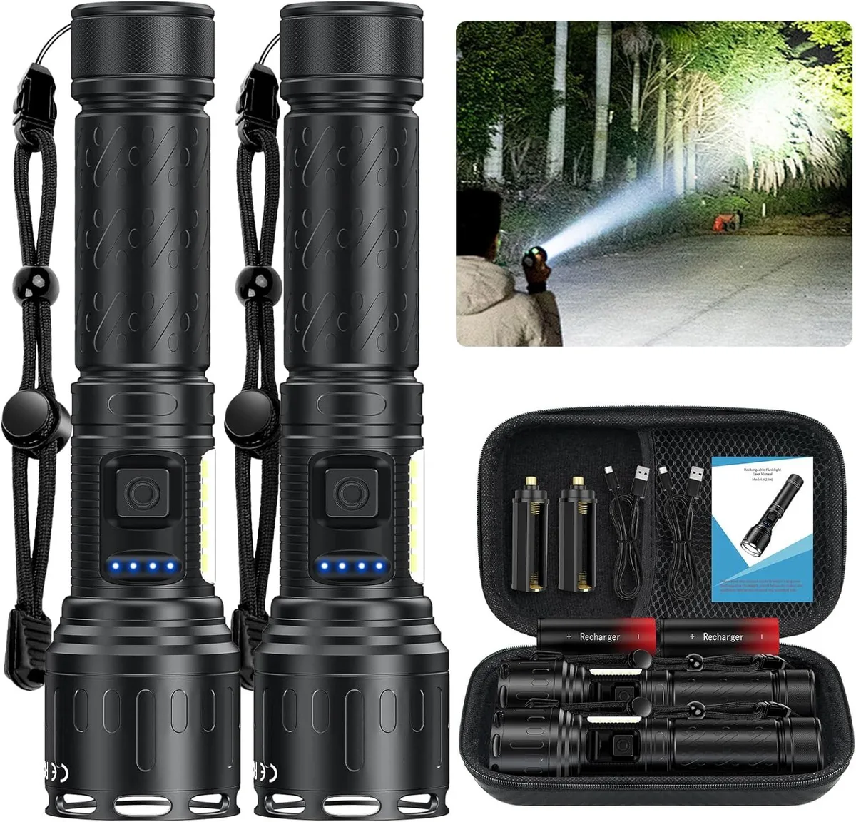 Two black aluminium flashlights with magnetic tails and COB side lights in a leather case