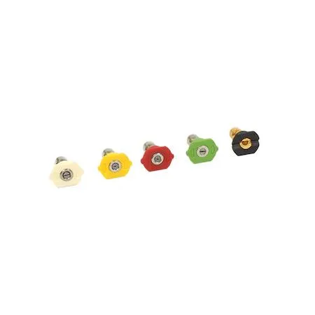 Five brass quick-connect nozzles in a set