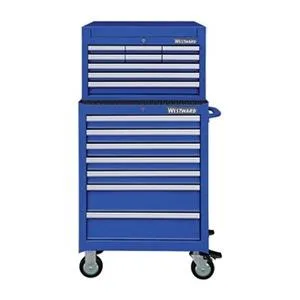 Blue steel tool chest and cabinet combo, 26 inches wide, 16 drawers, gas lift lid, aluminum pulls