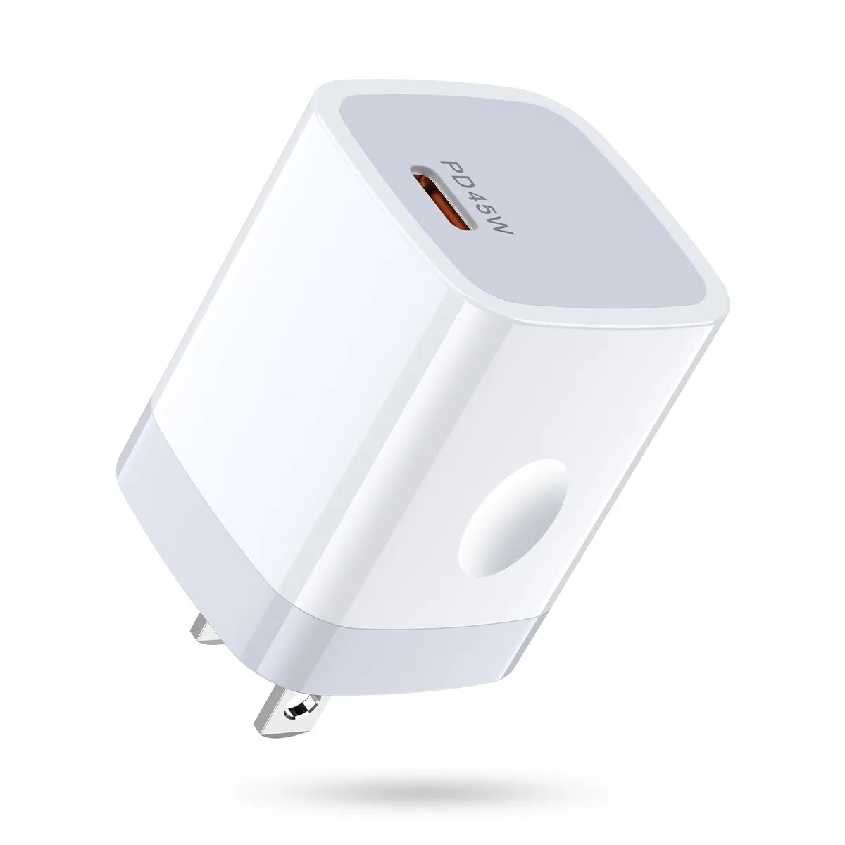 Compact white USB-C wall charger block with foldable prongs