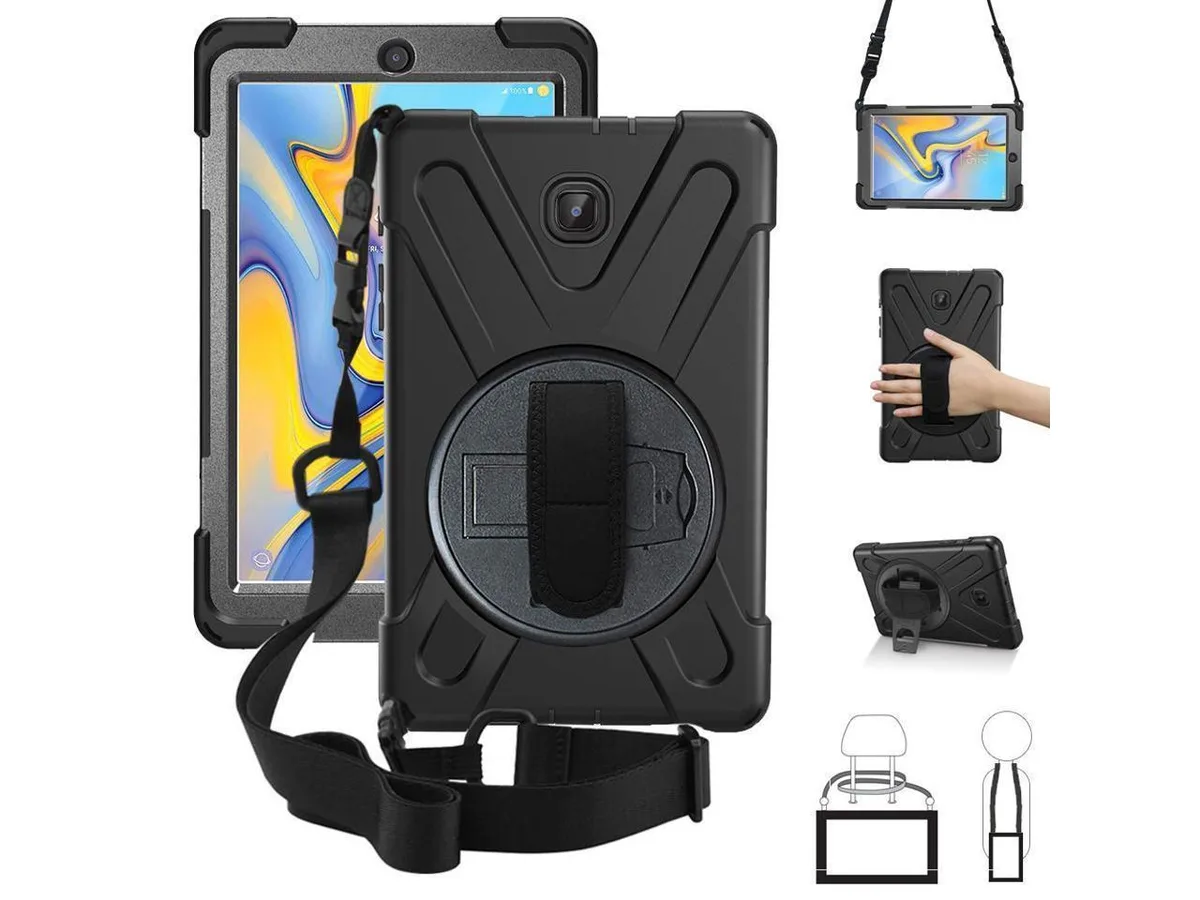Black rugged tablet case with rotating kickstand and straps