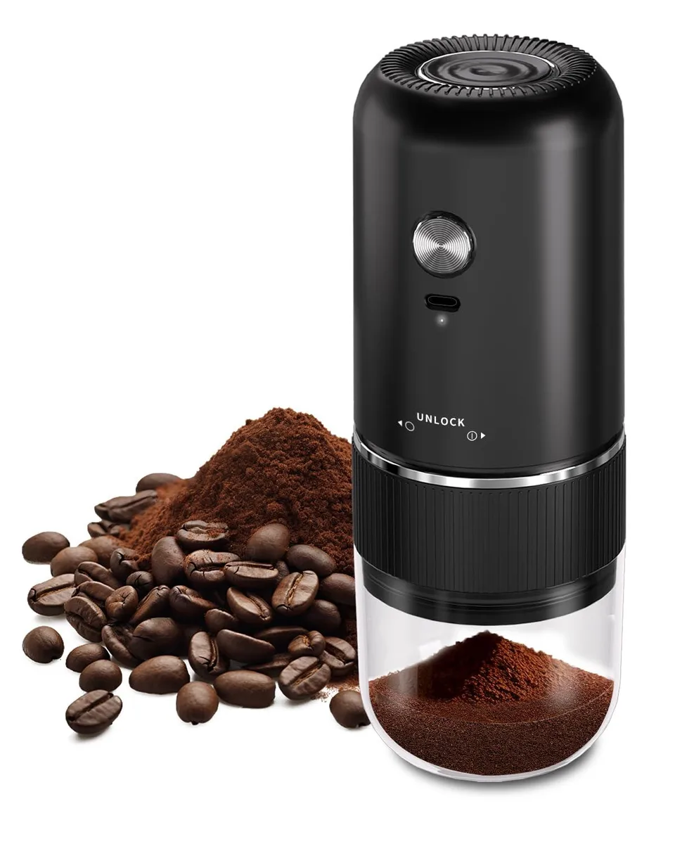 Portable Electric Coffee Grinder Automatic USB-C Wireless Charging Adjustable Coarse Fine Silver — product photo