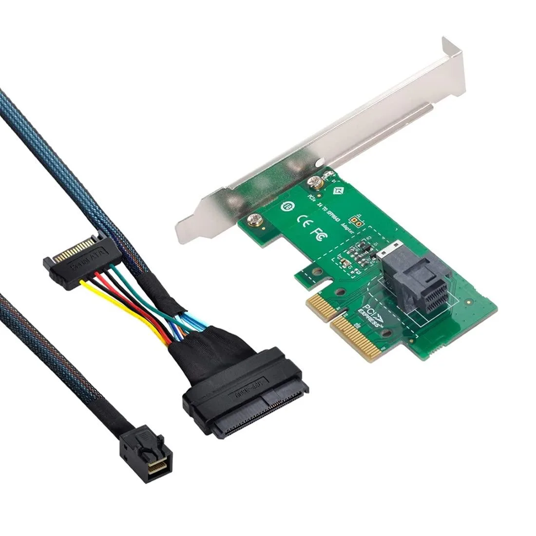 Black PCIe x4 adapter card with 50cm SFF-8639 cable attached