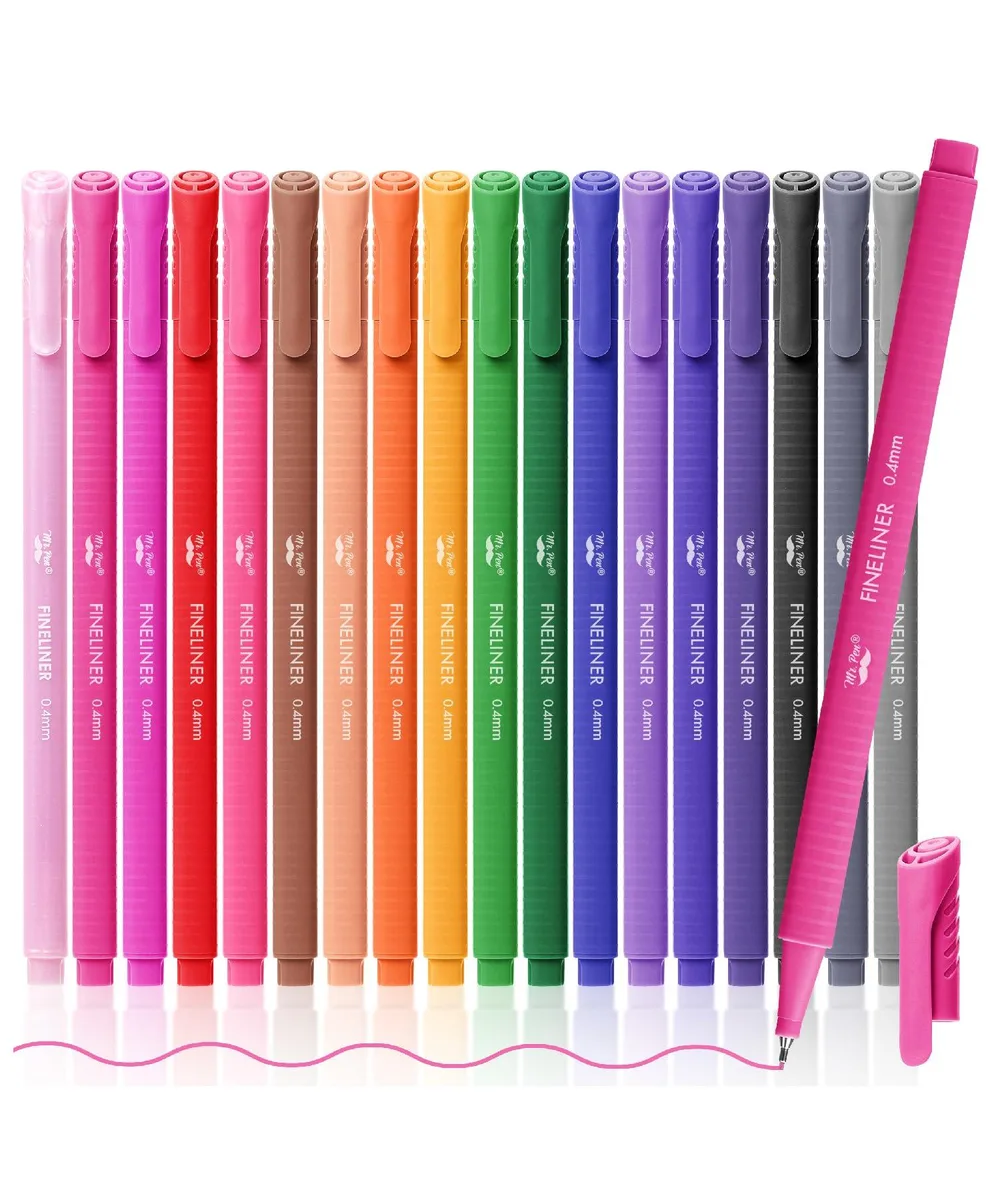 Eighteen blue fineliner pens in a leather-finish box, 0.4 mm tips
