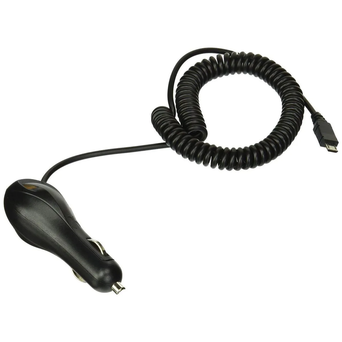Black Luxmo car charger with micro USB plug and dual LED tail light indicator