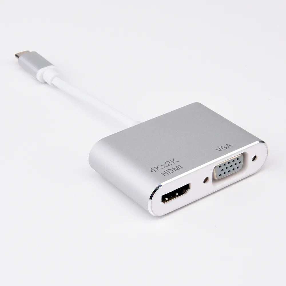 Silver USB-C dongle with HDMI and VGA ports