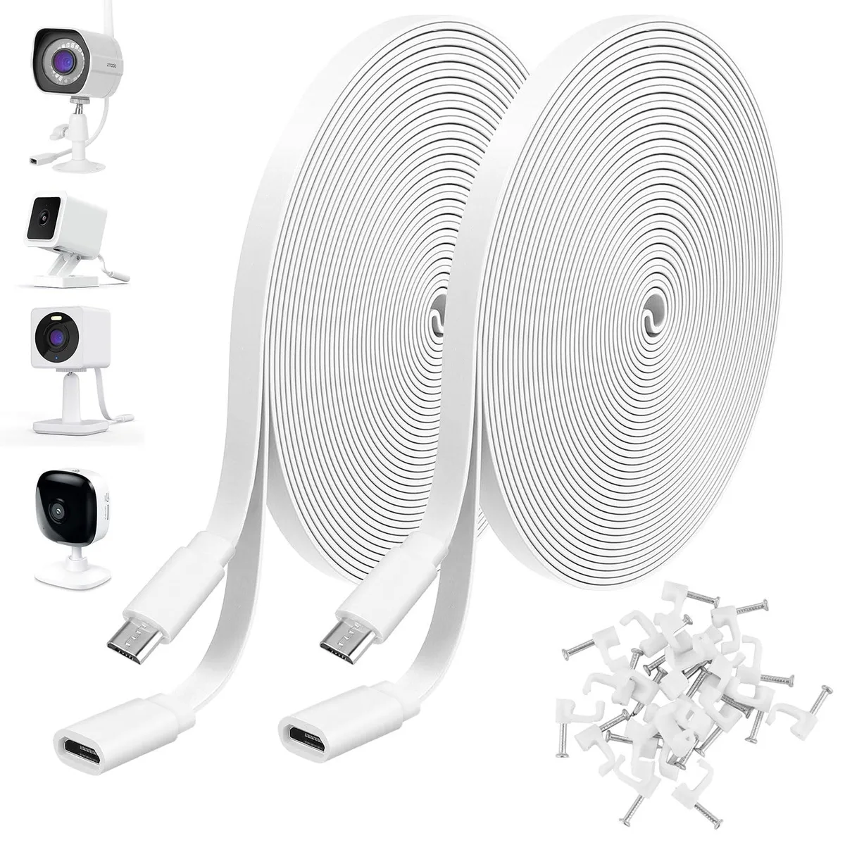 Two white flat Micro USB extension cables with 24 wire clips