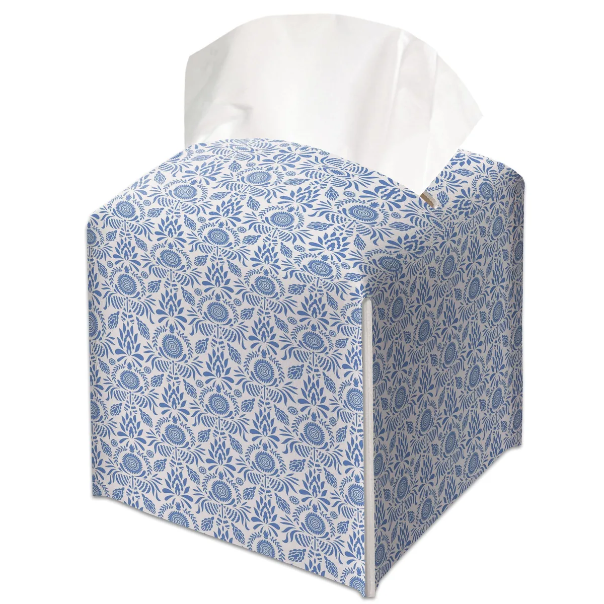 Blue leather tissue box cover, cube shape, decorative pattern, Velcro closure