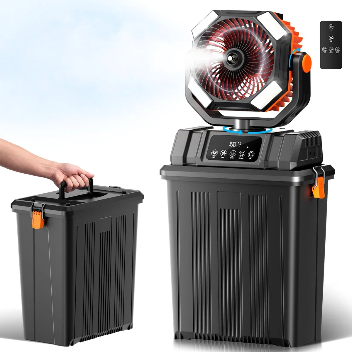 Black and orange free-standing misting fan with 15L tank, remote, LED light, 270° oscillation