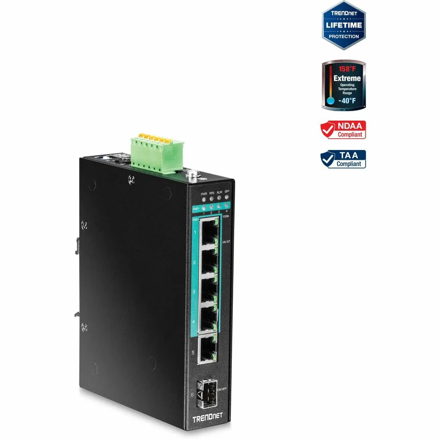 TRENDnet TRENDnet TI-PG541 5-Port Industrial Gigabit PoE+ DIN-Rail Switch — product photo