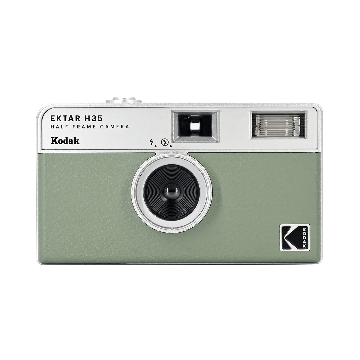 Compact sage half-frame 35mm film camera with silver lens ring and built-in flash