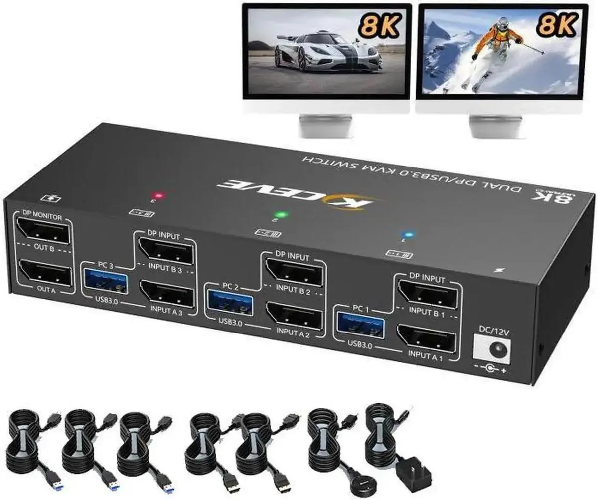 Vszerda Vszerda Dual Monitor DP KVM Switch 3 PCs 2 Monitors 8K30 4K144 Wired Remote — product photo